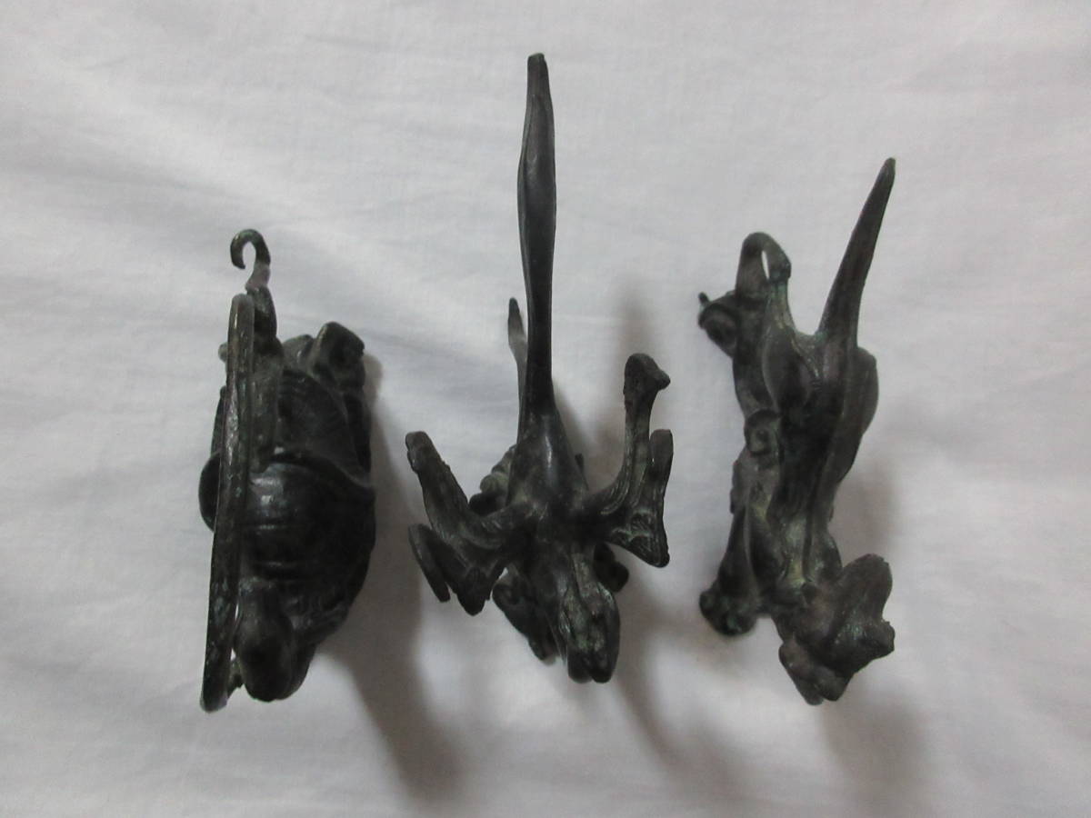 時代青銅製 金工細工 三足 銘文付 爵酒器置物 獣面耳