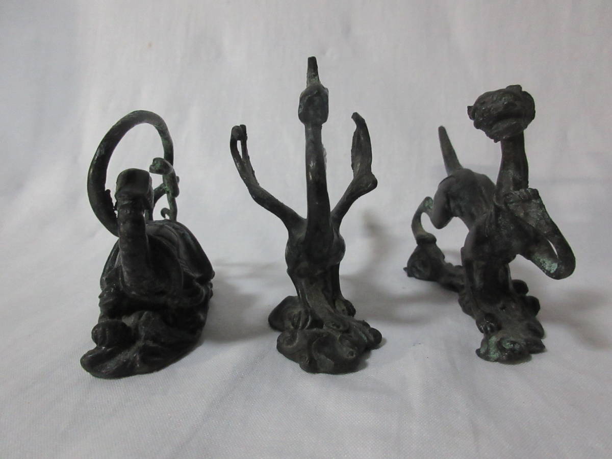 時代青銅製 金工細工 三足 銘文付 爵酒器置物 獣面耳