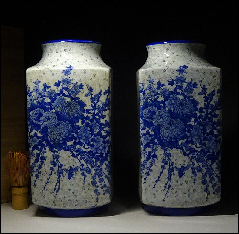 緑屋i□ 時代物 古瀬戸 染付 角花瓶 壺 一対（2点） 総花