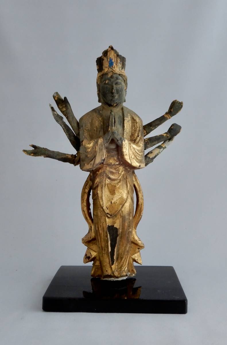 木彫 鍍金千手観音像 仏教美術 H23.5cm (台座含） 千手観音の
