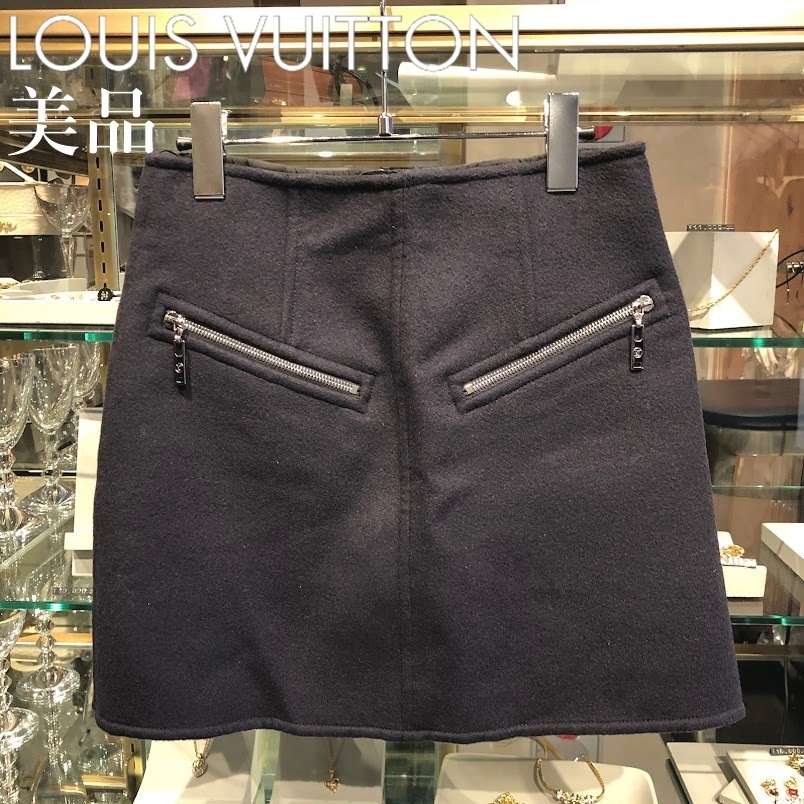 ■本物 美品 国内正規品 LOUIS VUITTON ヴィトン スカート 台形 ミニ 裏地 モノグラム柄 ウール レディース 34 ダークネイビー ★22010