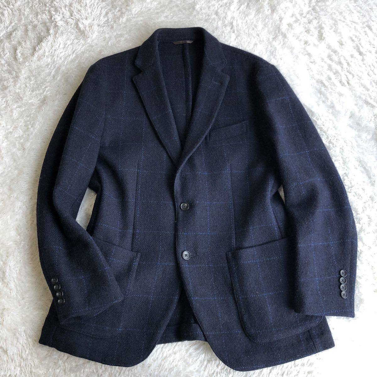 【美品】 FIDATO フィダート ハリスツイード 2B ジャケット ネイビー 織柄 ウィンドウペン Lサイズ