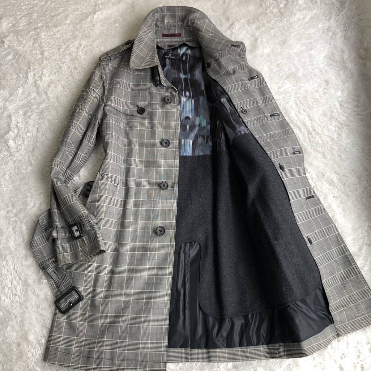 【美品】 ポールスミス カシミヤ ウール ライナー チェック柄 トレンチコート 裏地デザイン ベルト有 Lサイズ