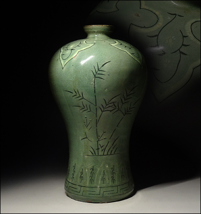 古美術 朝鮮古陶磁器 高麗青磁 白象嵌 梅瓶 時代物 極上品 初だし品