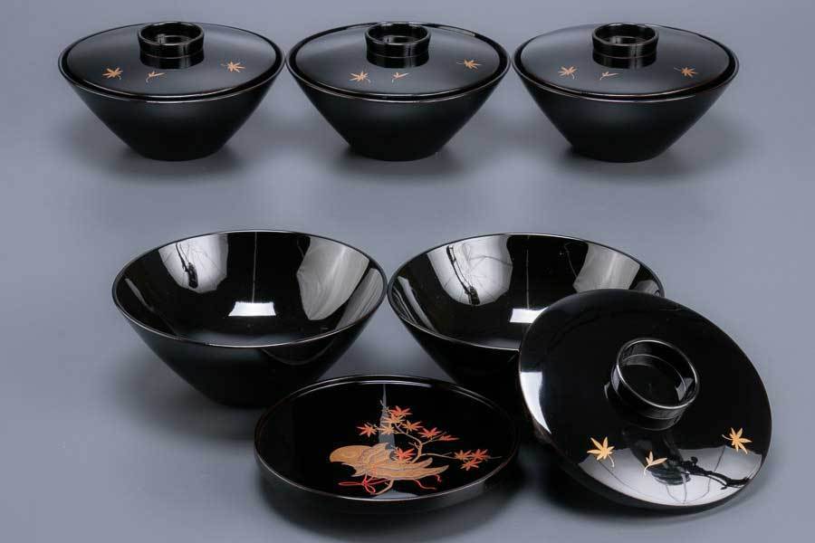 5客 真木地漆塗 楓鳥兜蒔絵吸物椀 0 木製 吸物椀 輪島塗