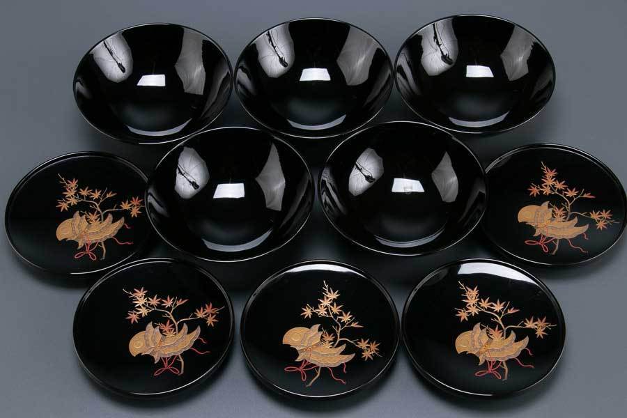5客 真木地漆塗 楓鳥兜蒔絵吸物椀 0 木製 吸物椀 輪島塗