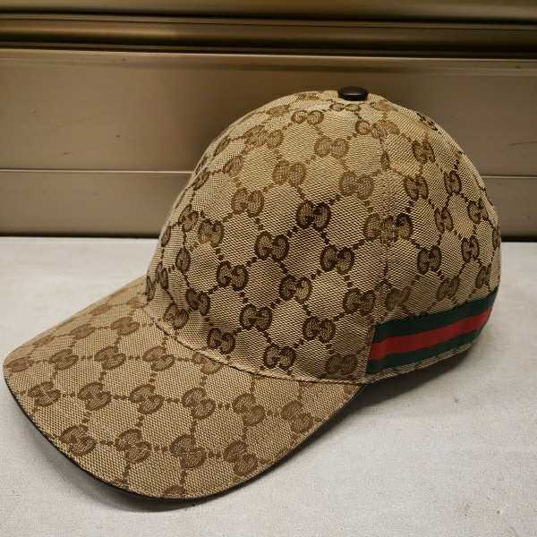 GUCCI グッチ シェリーライン GGキャンバス×レザー ベースボールキャップ 帽子 サイズM 58 メンズ ブラウン系
