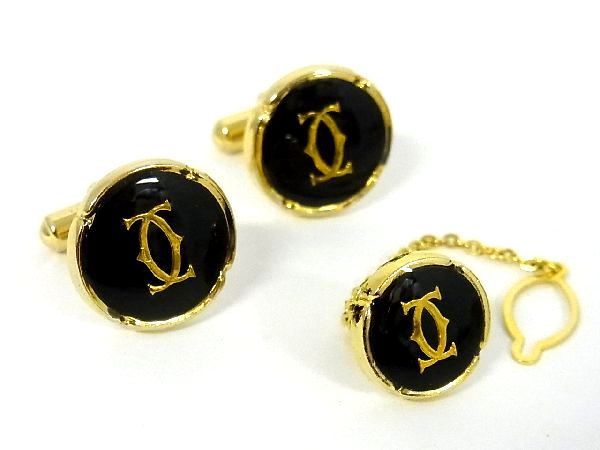 1円 ■美品■ Cartier カルティエ 2C カフス ネクタイピン 2点セット アクセサリー 紳士 ビジネス メンズ ゴールド系×ブラック系 R2319Xh