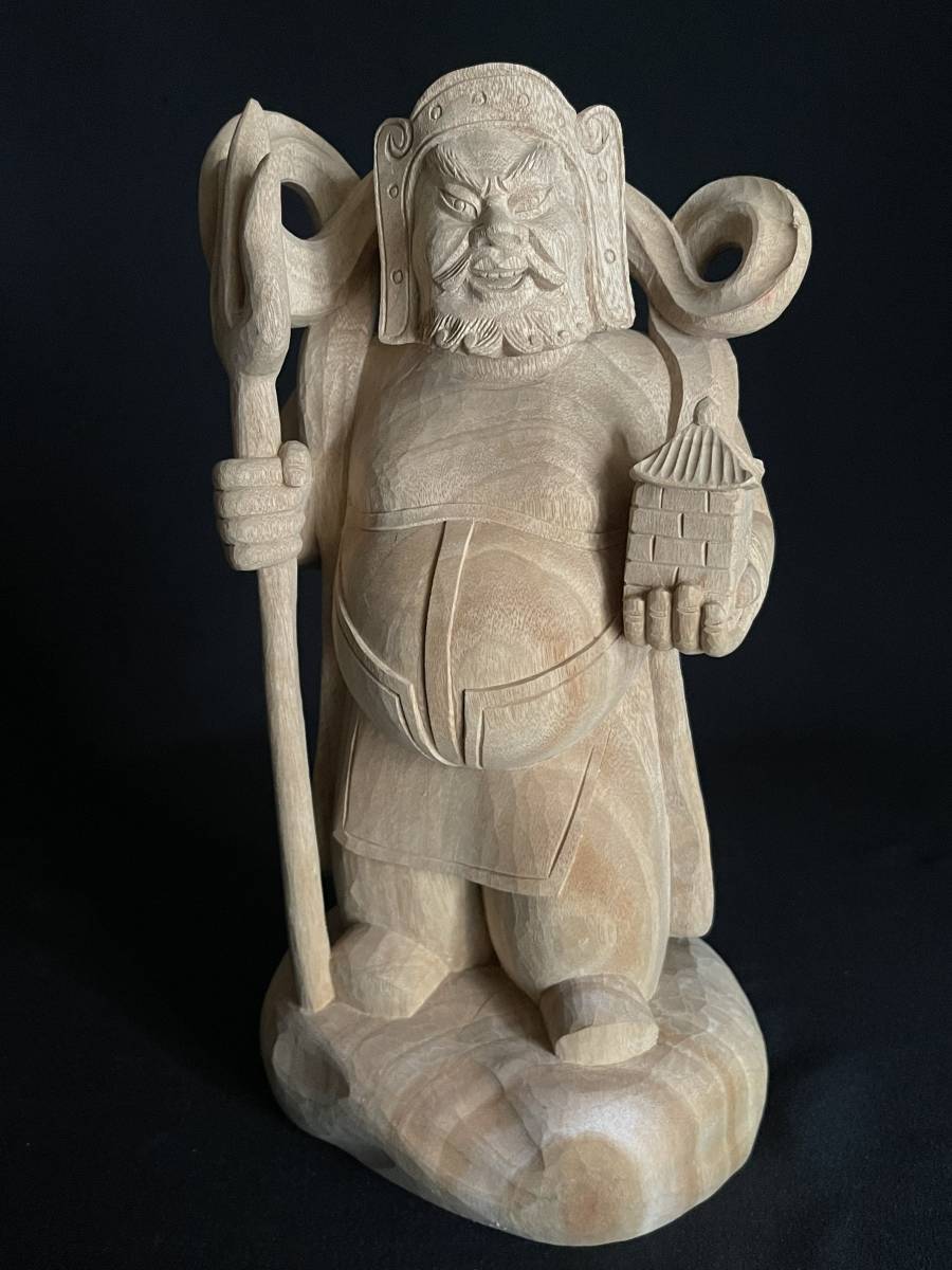 日本美術 【平櫛田中】作 白檀 毘沙門天像 木彫り 一刀彫 細密細工彫刻