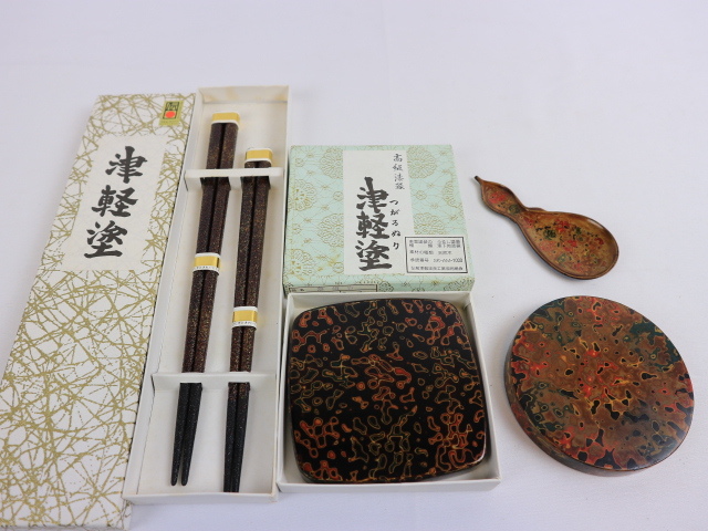 津軽塗 七々子塗 漆器まとめて 唐塗⁄七々子塗 重箱⁄硯箱⁄丸盆⁄菓子器