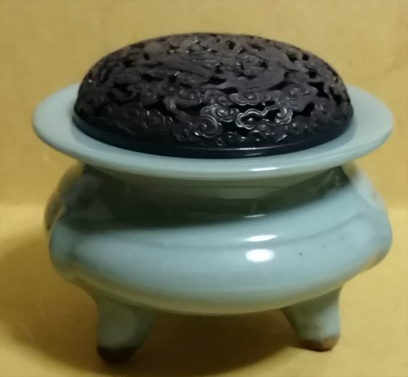 帝室技芸員【初代諏訪蘇山】作 青磁袴腰香炉 純銀三鶴透かし火舎