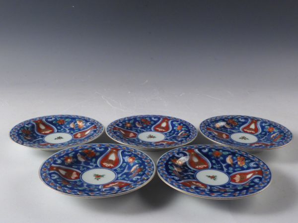 □匠□古伊万里 金彩色絵 花鳥文 飾皿 5客 13cm 無傷