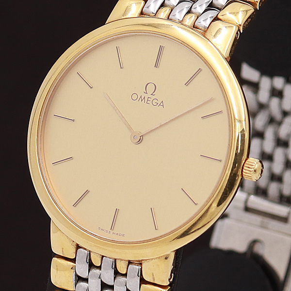 1円◎稼働◎良品【OMEGA/オメガ】デビル スイス製 ゴールド文字盤 コンビ QZ メンズ腕時計 720A0152739