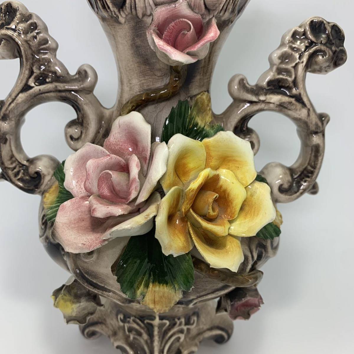 93 イタリア製 陶器のバスケット型オブジェ 花器 花瓶 フラワーベース