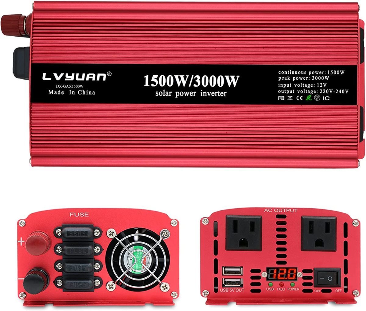 ■新品■Yinleader インバーター 12V 定格1500W 最大3000W DC12V（直流）AC100V（交流）変換 カーインバーター 太陽光発電