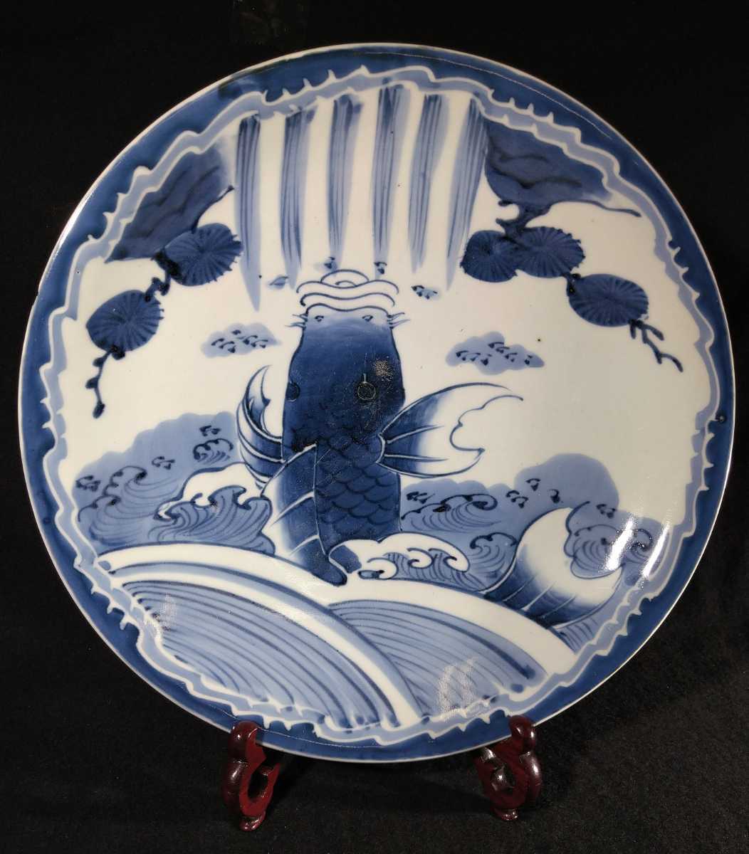 古伊万里　染付　鯉の滝登り図大皿　登竜門　38cm 古伊万里 志田窯 染付 鯉の滝登り図 32cm 大皿 江戸期 bnum-