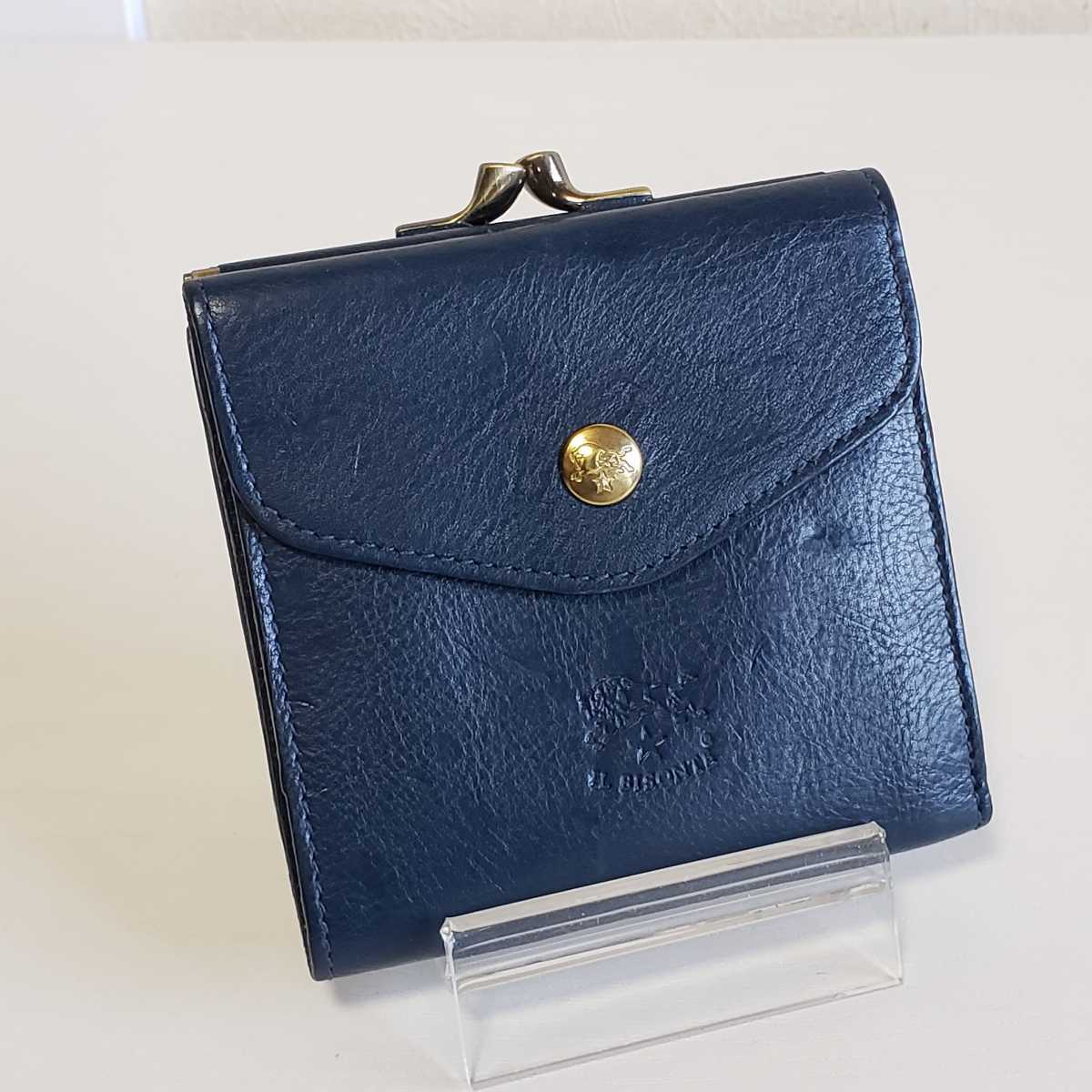 美品◆IL BISONTE イルビゾンテ がま口 スナップ レザー二つ折り財布/ウォレット(ネイビー/紺)