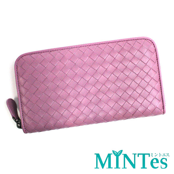 イントレチャート BOTTEGA VENETA | 中古ブランドリユースショップ V47W1 Bottega Veneta ボッテガヴェネタ イントレチャート ラウンドファスナー長財布 ピンク レディース 女性 網目模様 スモーキーピンク レザー