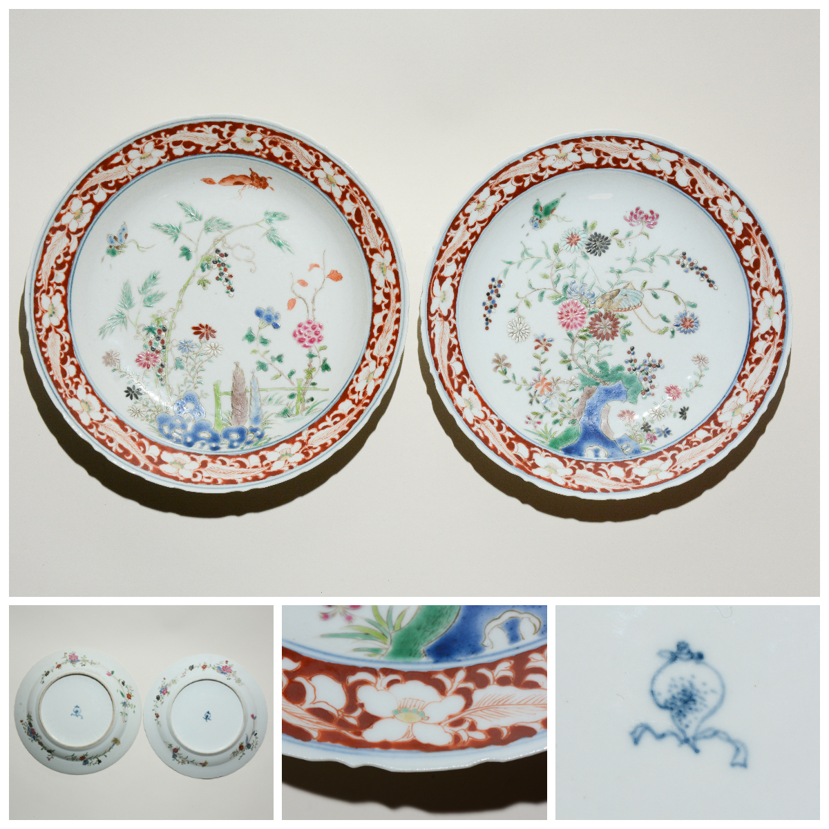 唐物 古伊万里 色絵花鳥図 陶磁器 中国美術 款 雍正御製 一対 緑地粉