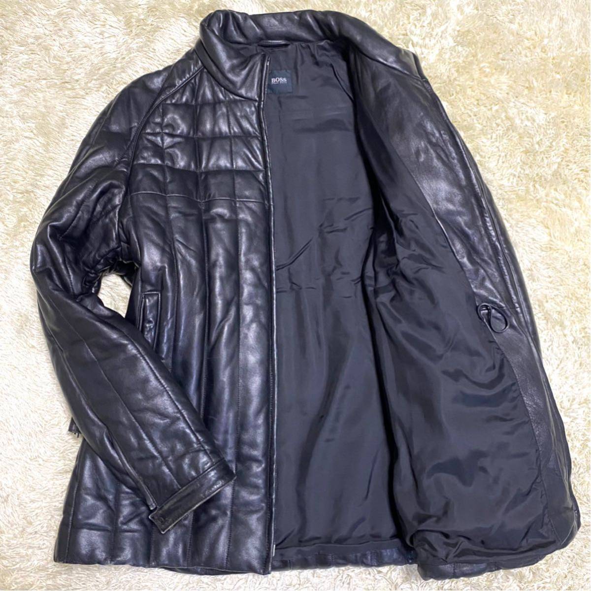 ヒューゴボス【超絶スタイル】HUGOBOSS レザージャケット ライダースジャケット キルティング ファスナー式 羊革 サイズXL相当 ブラック