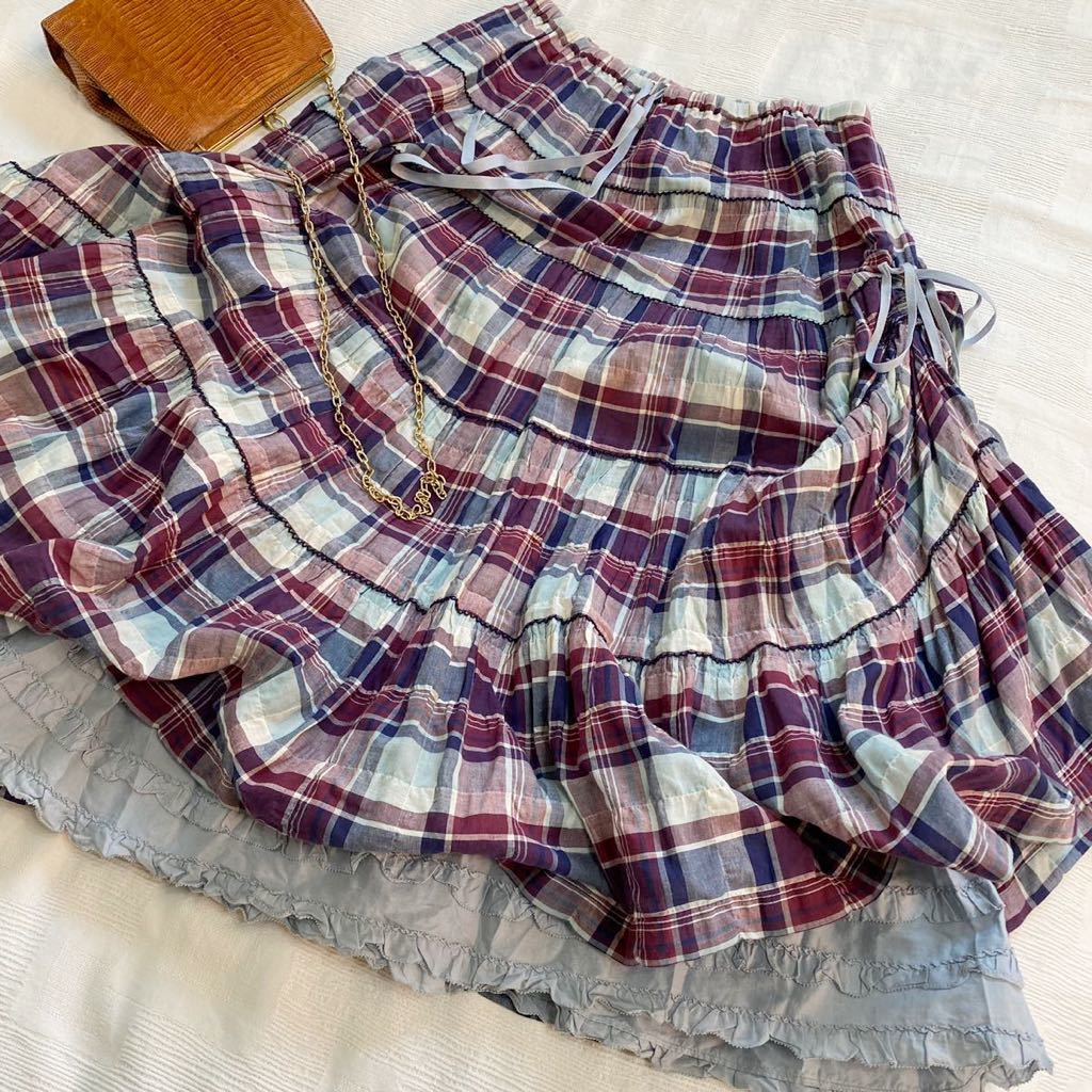 数量限定，セール ピンクハウス PINK HOUSE 綿&times;麻 段々 チェック柄 青 紫 スカート フリルスカート ピコフリル a22010304(フレアースカート、ギャザースカート（ロング）)｜売買されたオークション情報、yahooの 女性用