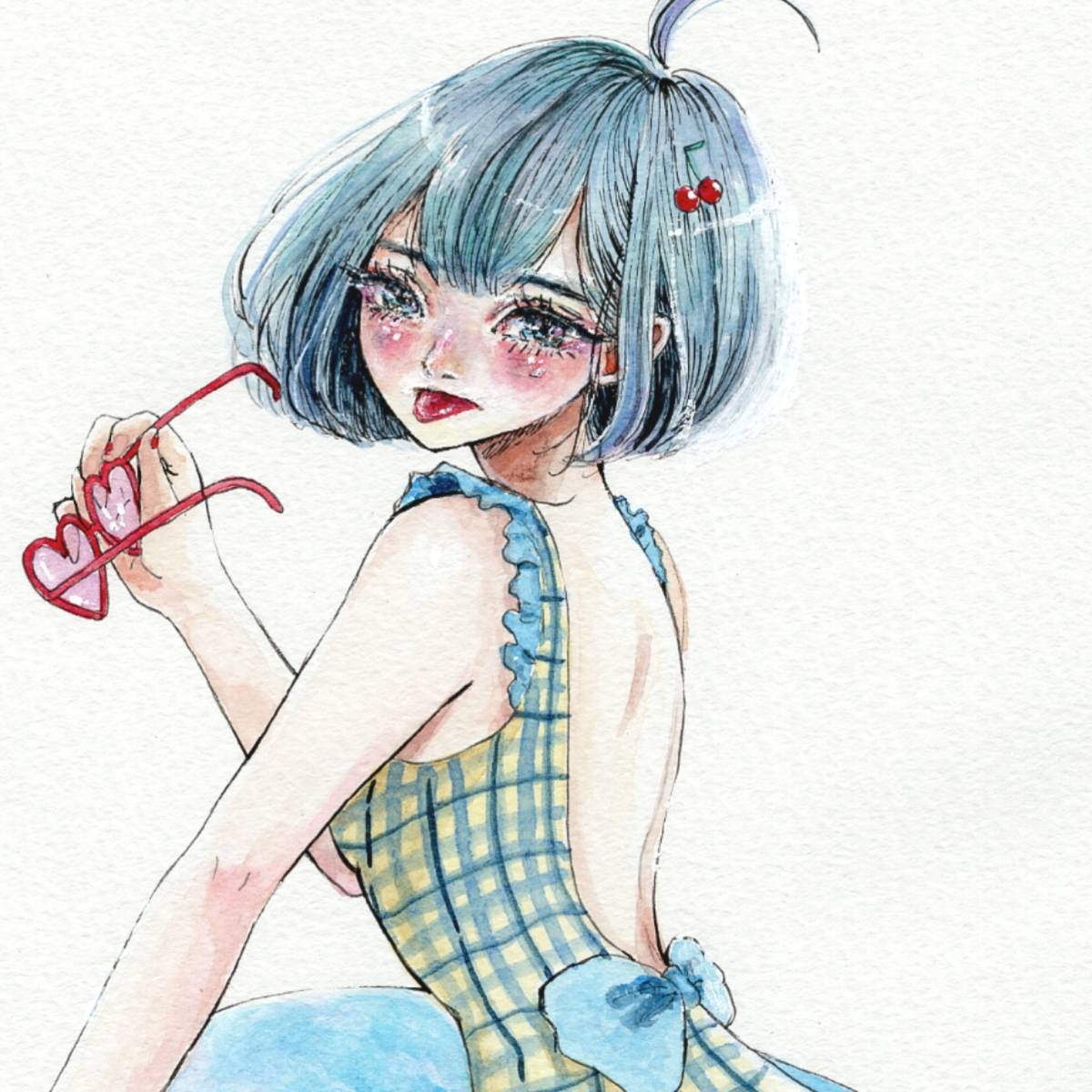 透明水彩 手描きイラスト オリジナル アナログ アナログ原画A4『今宵月