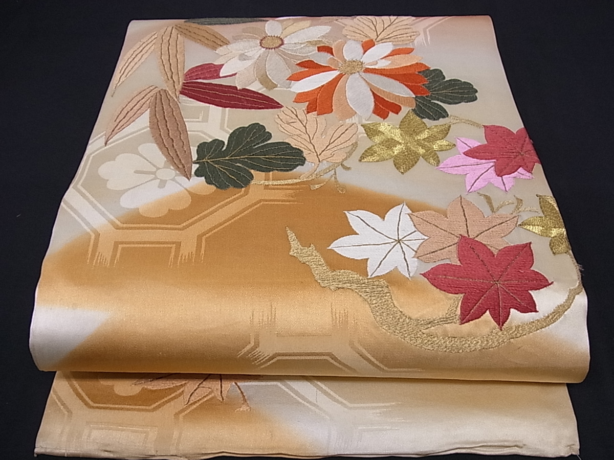 大正ロマン 平和屋着物○アンティーク 丸帯 駒刺繍 総刺繍 草花文 檜扇