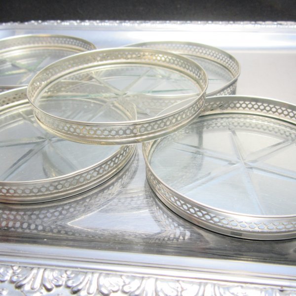 WEBSTER 純銀/ガラス コースター 5枚とホルダー スターリングシルバー