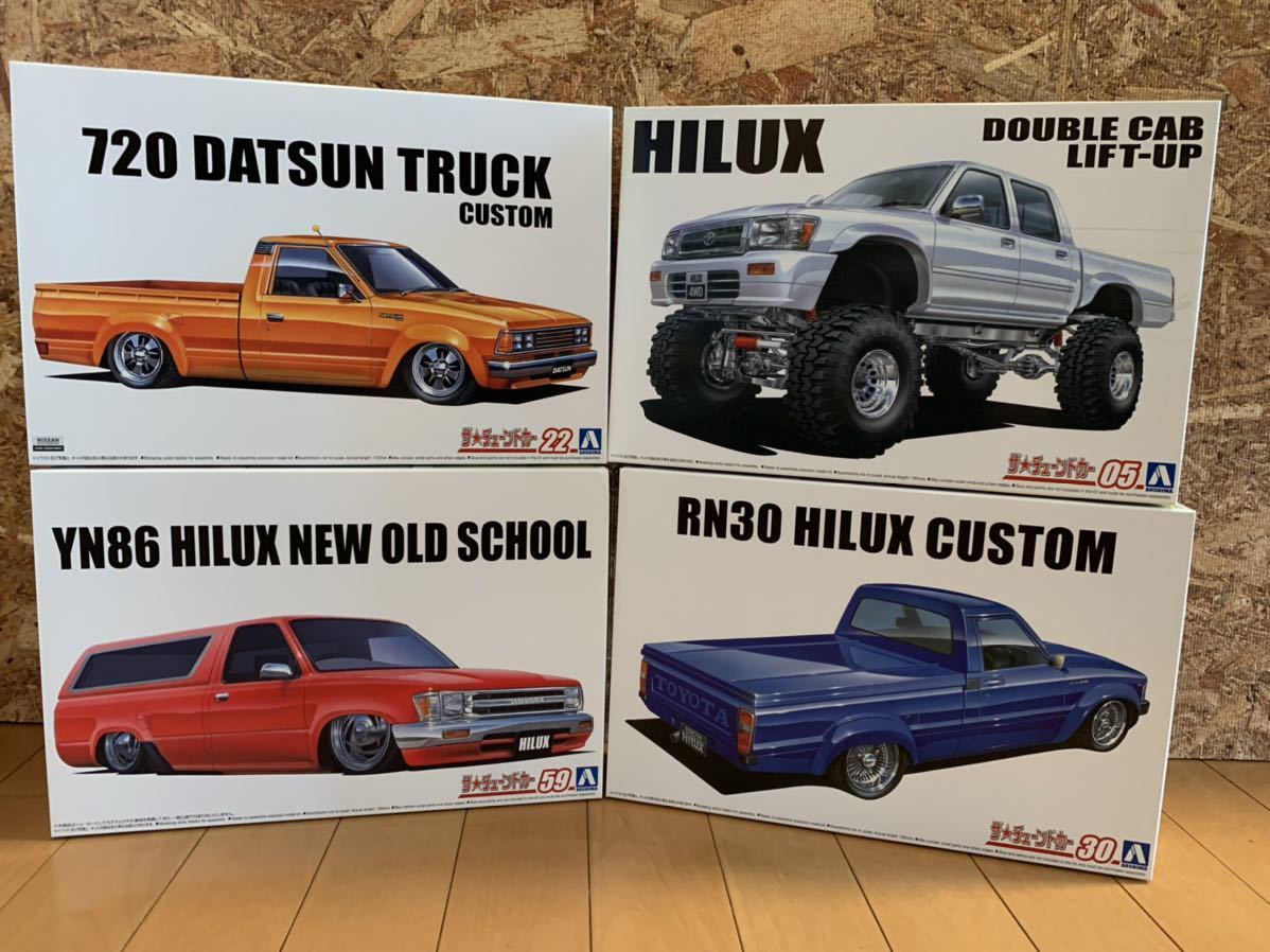 アオシマ 1 24 ダットサン トラック ザ チューンドカー ハイラックス ピックアップ リフトアップ トヨタ未組立 4個セット販売 トヨタ 売買されたオークション情報 Yahooの商品情報をアーカイブ公開 オークファン Aucfan Com