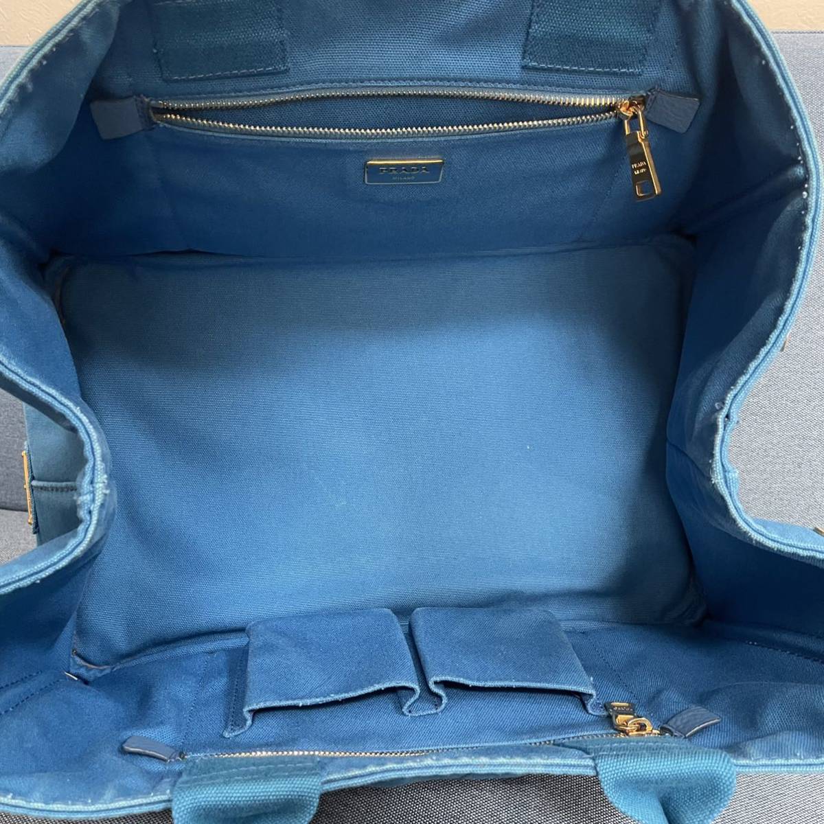 美品 PRADA カナパ トートバッグ 大容量 プラダ ハワイアラモアナ購入 ギャランティ付　1円スタート ブルー サファイア メンズ レディース PRADA カナパ トートバッグ 白タグ 通販ファッション レザー