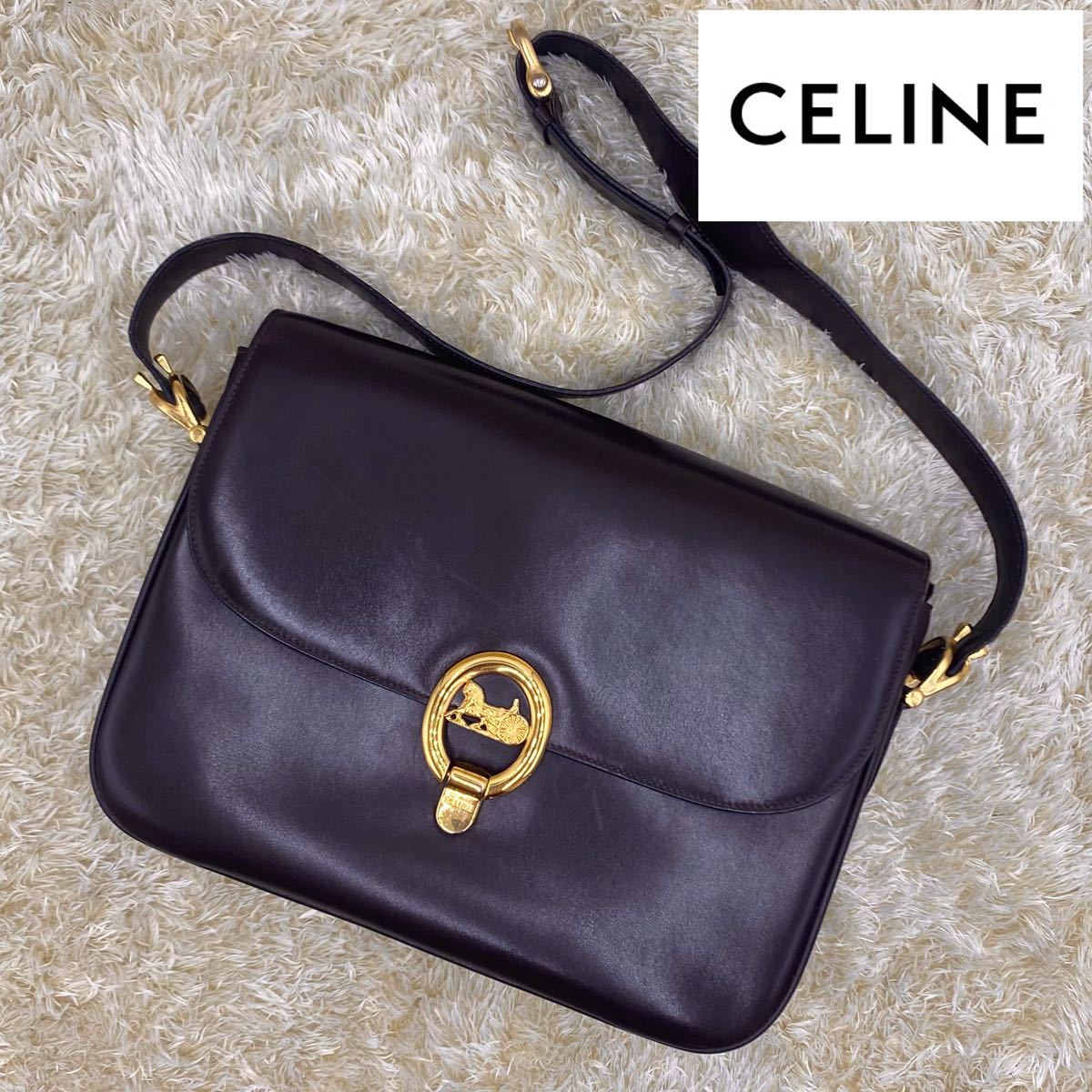 1円～ 極美品 CELINE セリーヌ ショルダーバッグ レザー カーフスキン 本革 馬車金具 ゴールド金具 ヴィンテージ 焦げ茶 ダークブラウン セリーヌ CELINE 1円 巾着型 ③ BrandCity