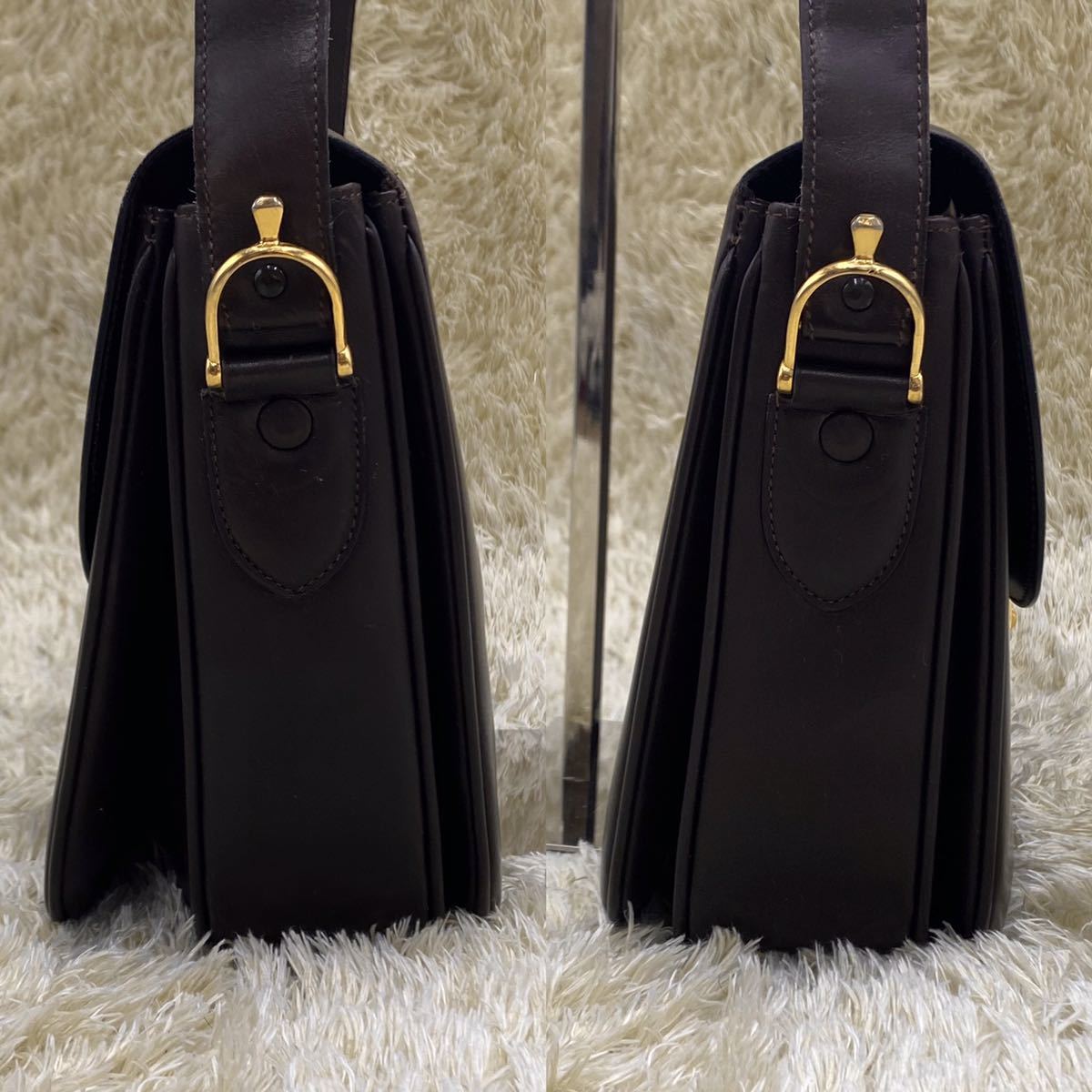 1円～ 極美品 CELINE セリーヌ ショルダーバッグ レザー カーフスキン 本革 馬車金具 ゴールド金具 ヴィンテージ 焦げ茶 ダークブラウン セリーヌ CELINE 1円 巾着型 ③ BrandCity