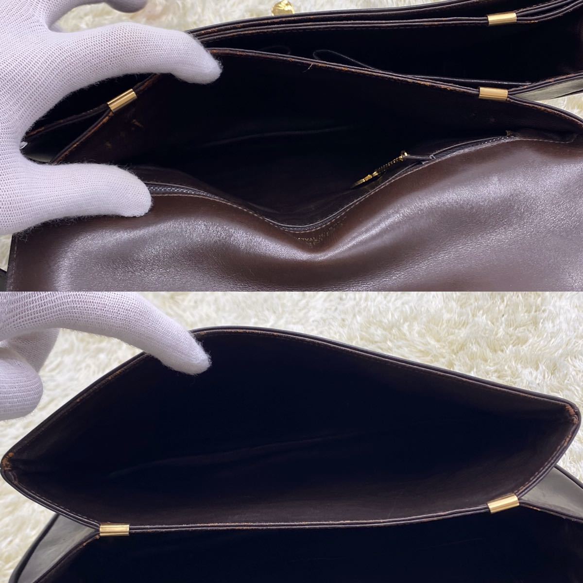 1円～ 極美品 CELINE セリーヌ ショルダーバッグ レザー カーフスキン 本革 馬車金具 ゴールド金具 ヴィンテージ 焦げ茶 ダークブラウン セリーヌ CELINE 1円 巾着型 ③ BrandCity