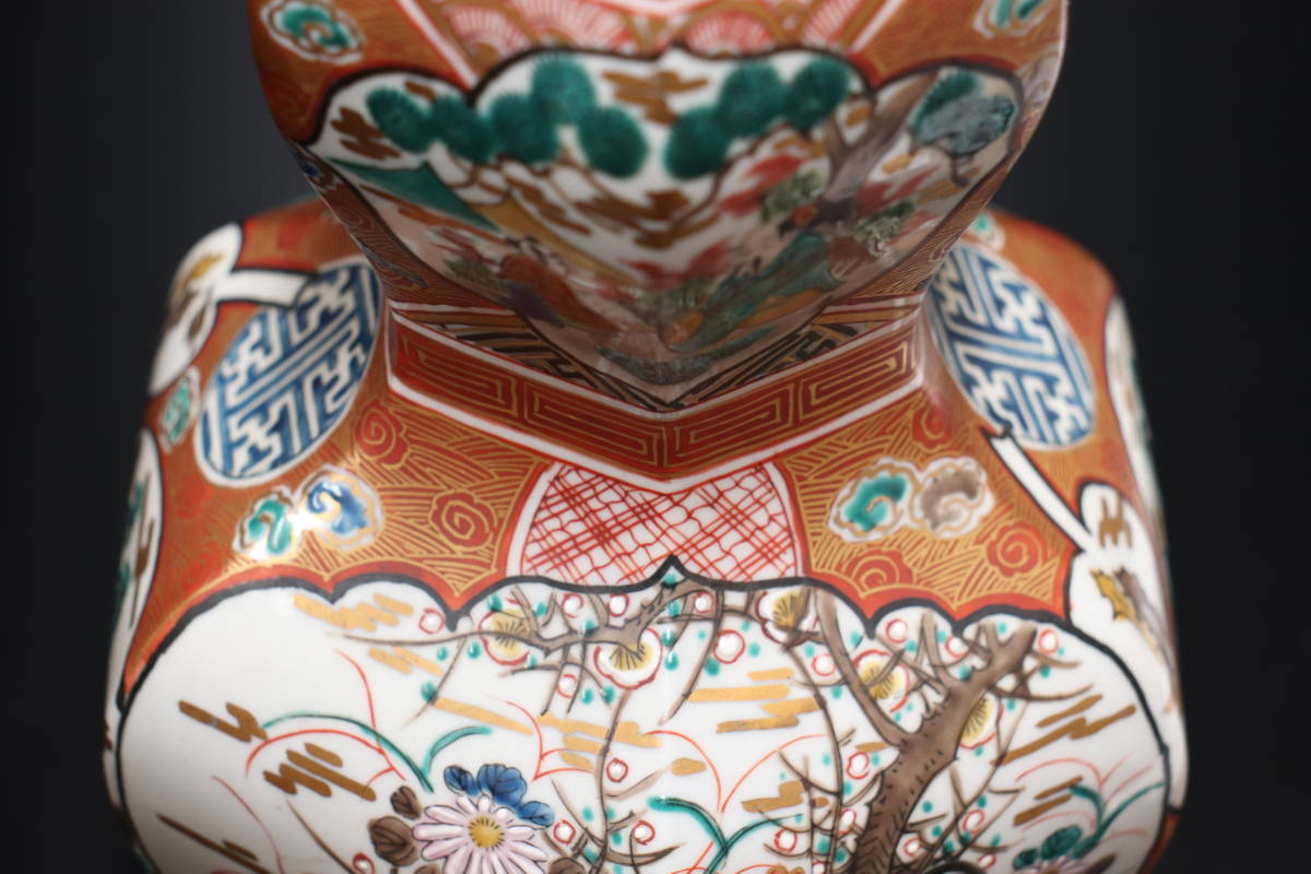 M 時代 九谷焼 九谷庄三 金彩 六角花瓶 壺 人物図 金鶏 四君子 Yahoo