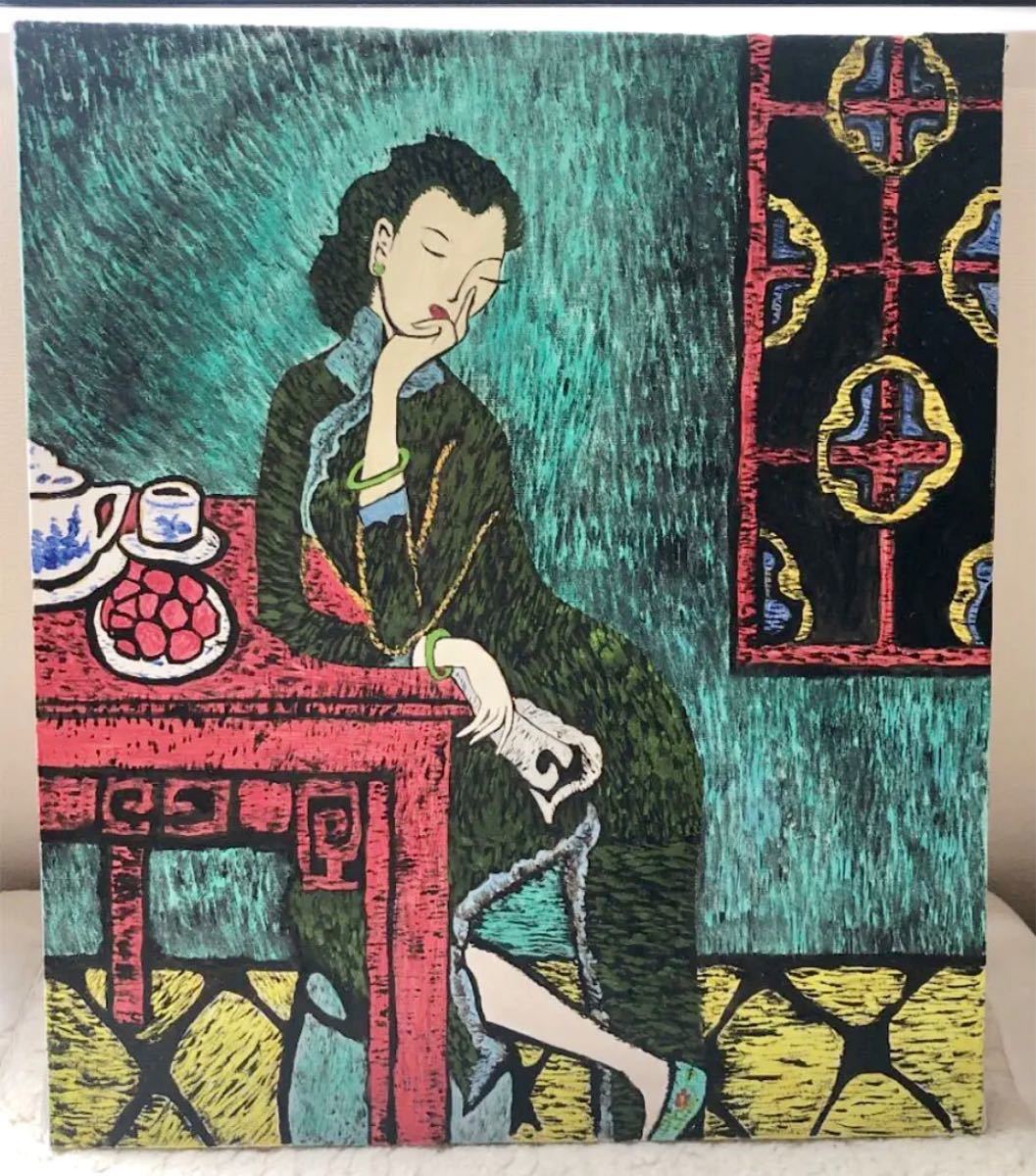 八代亜紀絵画 猫と紙ふうせん 木製フレーム付 八代亜紀絵画 猫と紙