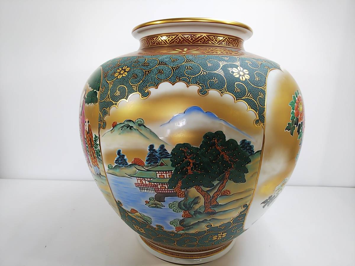 903 九谷焼 金彩色絵青粒手 賢人花鳥楼閣山水図 特大壷 錦
