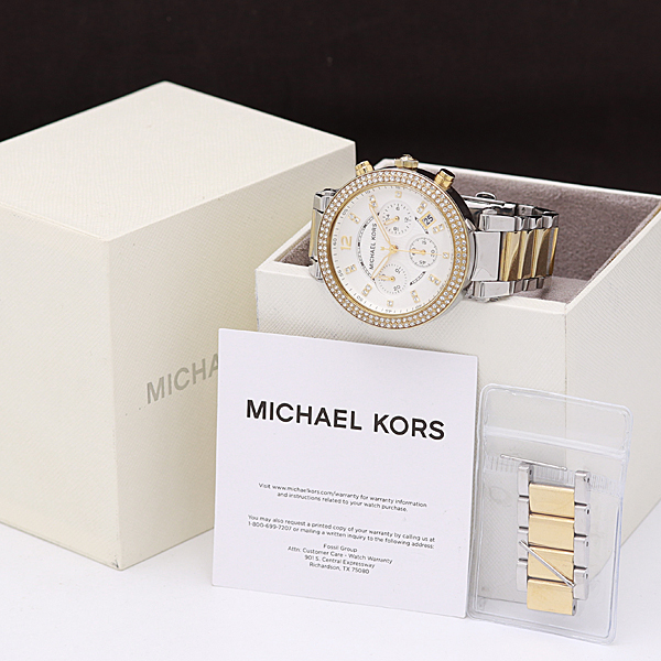 ラン　MICHAEL KORS ホワイトダイヤル 時計 1円☆稼働◎正規品◎箱/コマ4付き【マイケルコース】QZ MK-5626