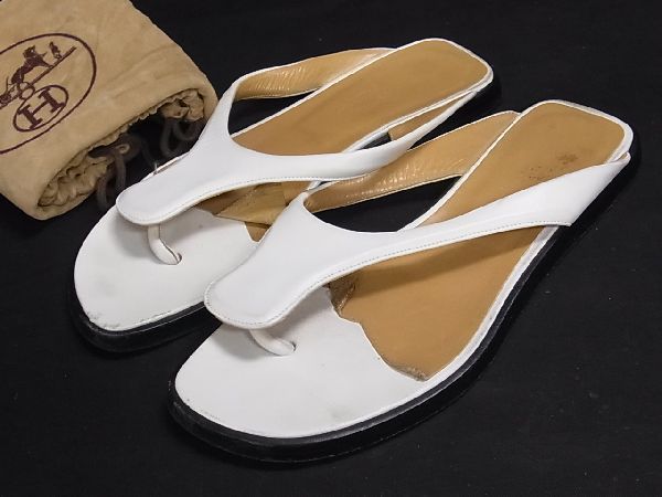 HERMES ホワイトレザー トングサンダル 1円 HERMES エルメス レザー フラット トングサンダル サイズ35 1/2