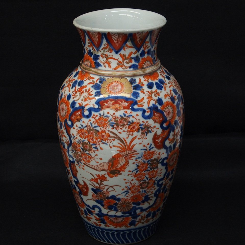m001na 時代品 金彩赤絵染付飾壺 花鳥柄 鳳凰 手描 花瓶 華道具 壷