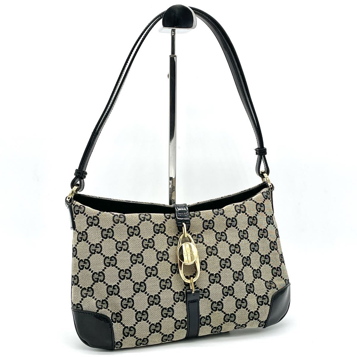 1円 美品 GUCCI グッチ GGキャンバス エナメル ブラック 黒 