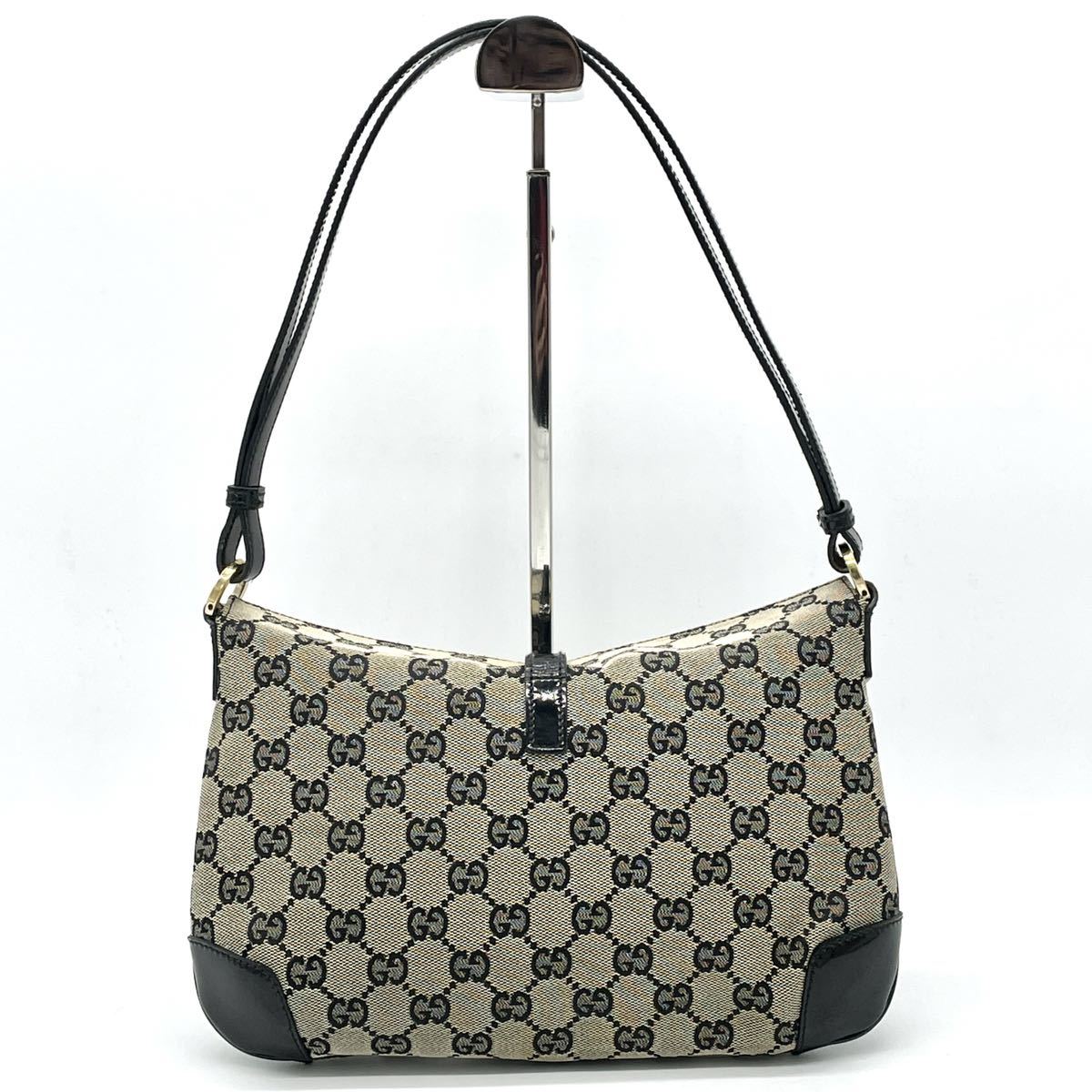 1円 美品 GUCCI グッチ GGキャンバス エナメル ブラック 黒 