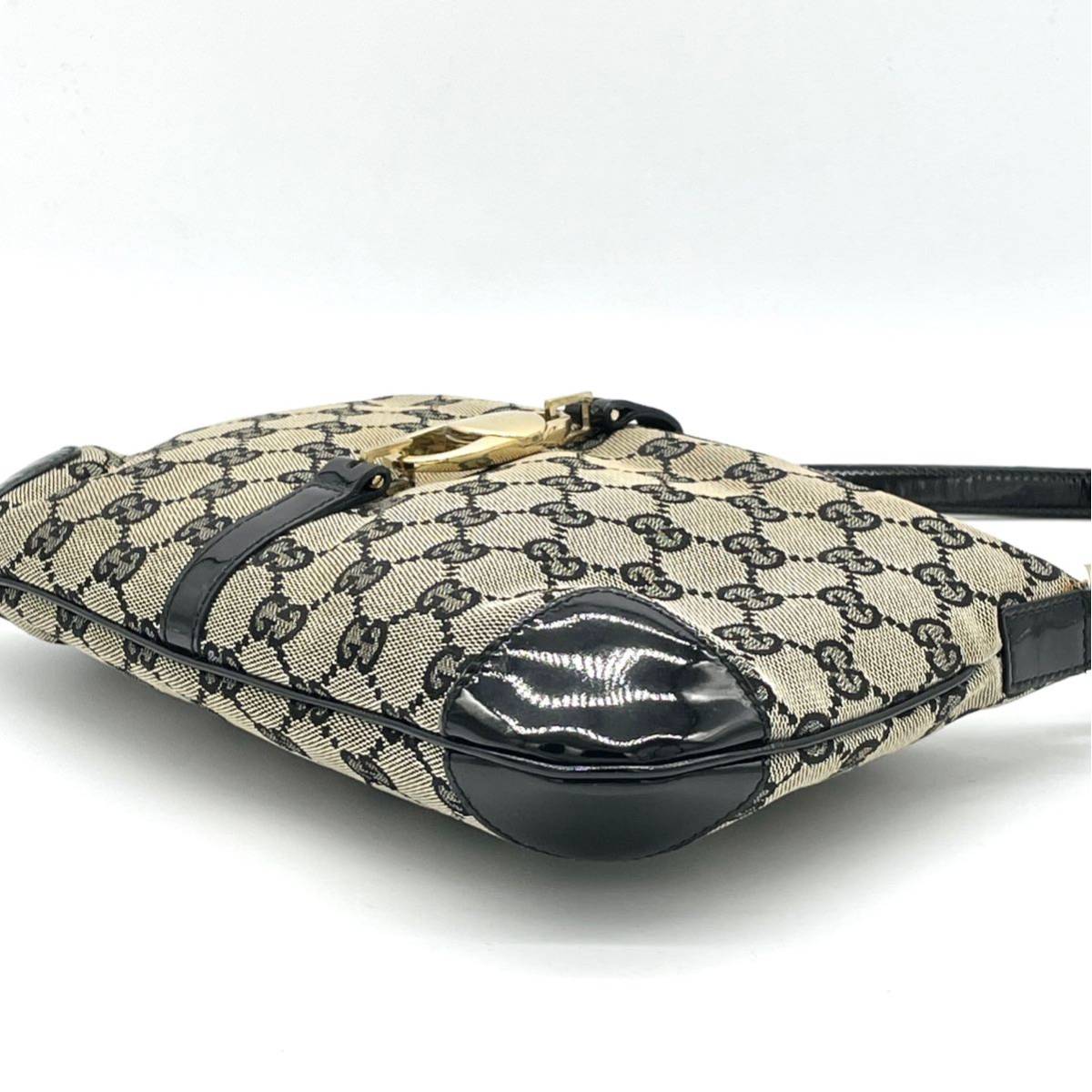 1円 美品 GUCCI グッチ GGキャンバス エナメル ブラック 黒 