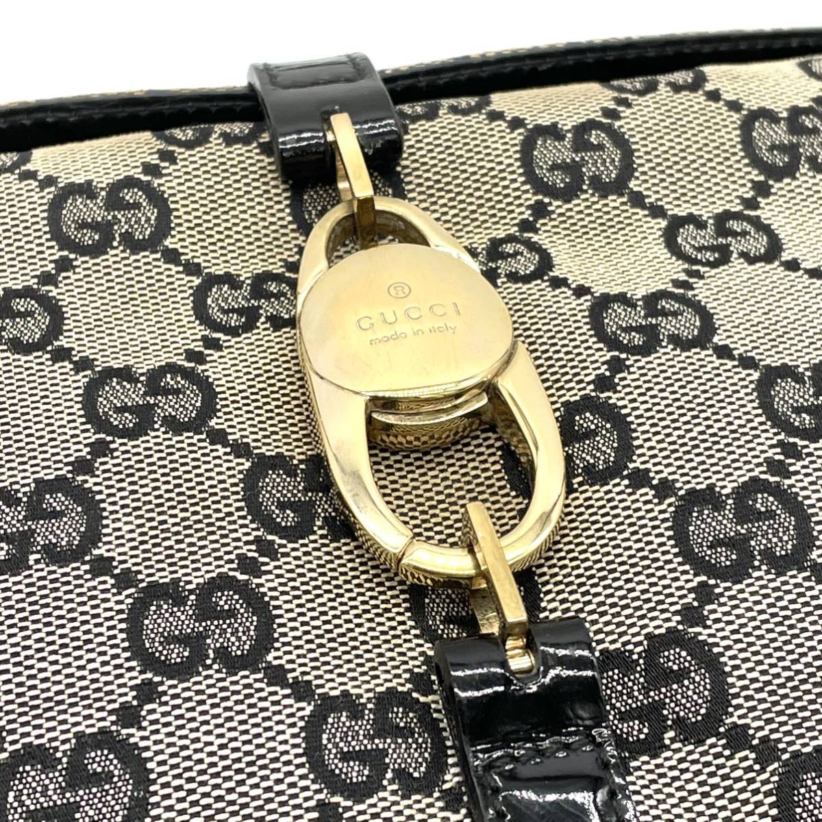 1円 美品 GUCCI グッチ GGキャンバス エナメル ブラック 黒 