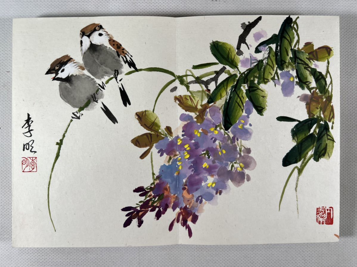 李明画花鳥冊1帖12図、肉筆原画保証、沽上（天津）画家