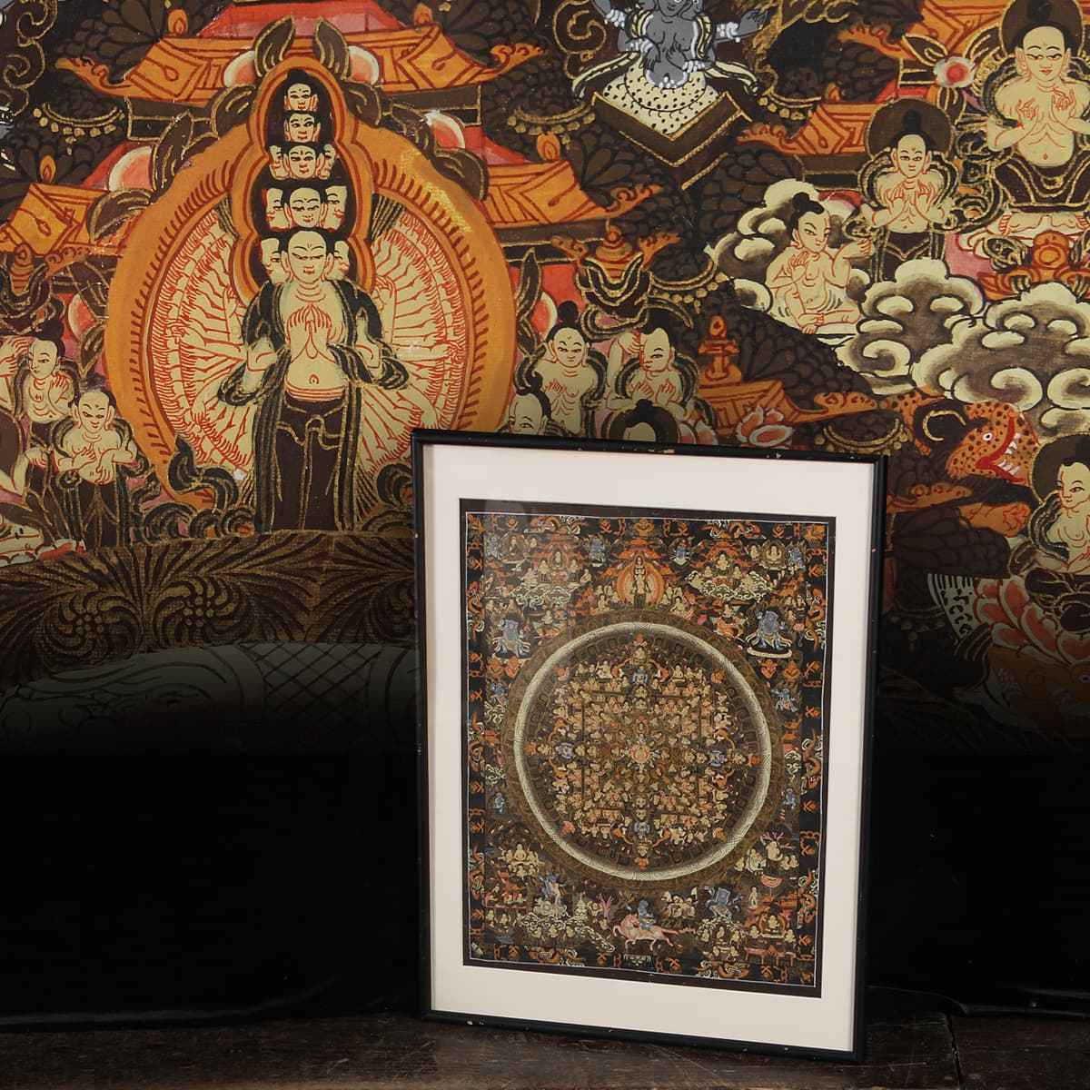 DQ864 時代物 著色 手絵「曼荼羅/曼陀羅/タンカ」額装 縦62.2cm 重2kg 