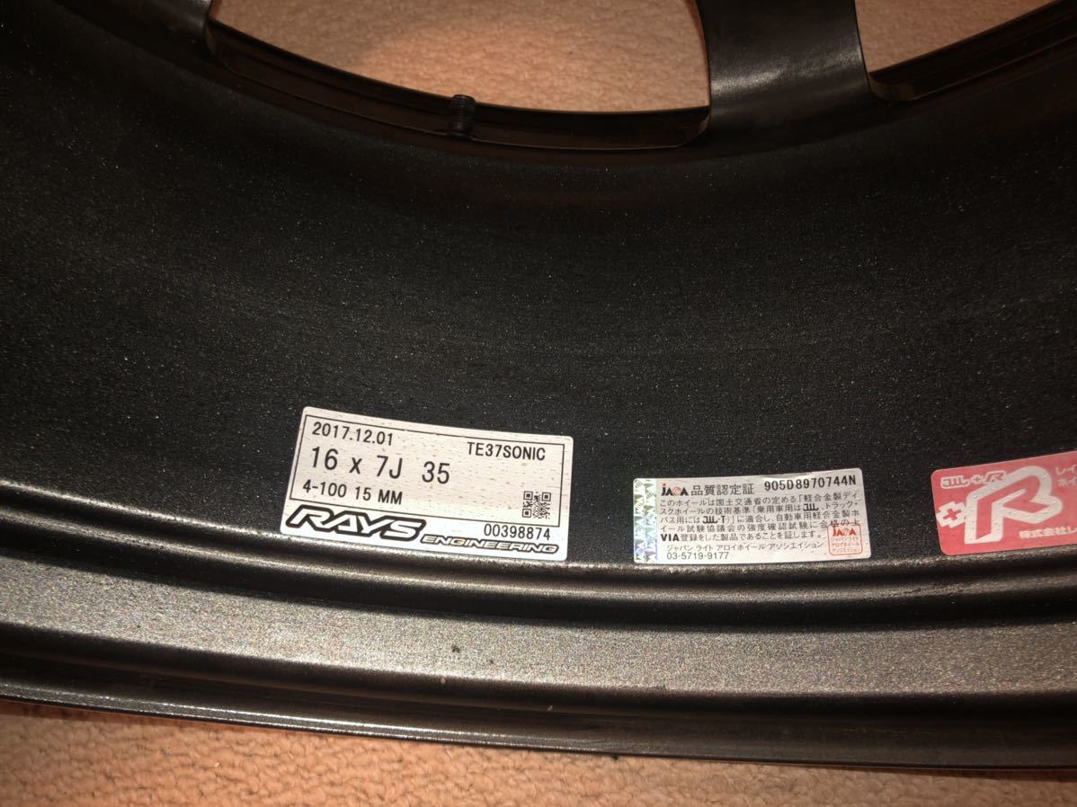 美品】RAYS TE37 sonic 16インチ 7J+35 4H PCD100 MMカラー ND 
