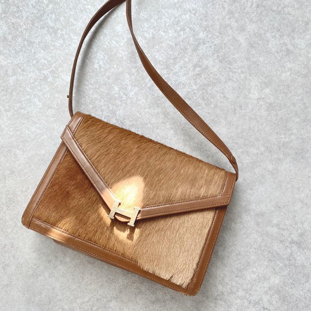 至極の逸品】希少 HERMES エルメス ショルダーバッグ H柄 鹿毛 レザー 