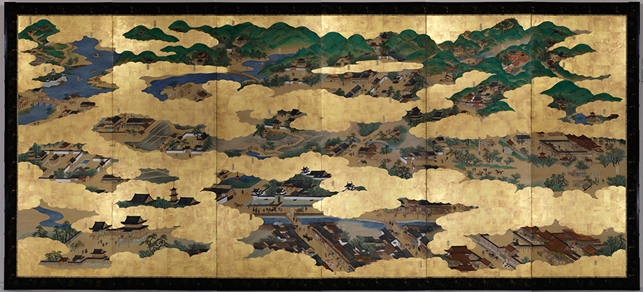 江戸時代後期 六曲屏風 古美術 絵画 古画 屏風 江戸後期 洛中洛外図屏風 六曲一双」京都名所 風俗図 鳥瞰図 絵画(掛軸