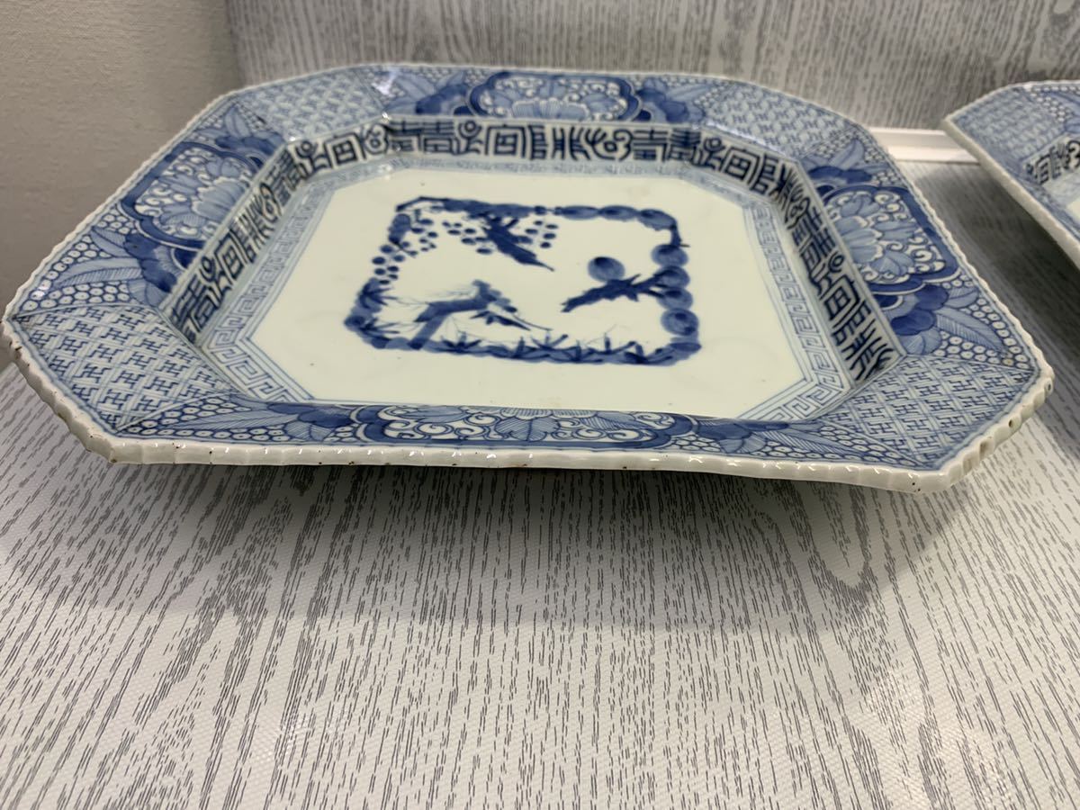八角皿 色絵 古伊万里 染錦 富貴長春 木箱 江戸 庭景 中皿 八角皿 色絵