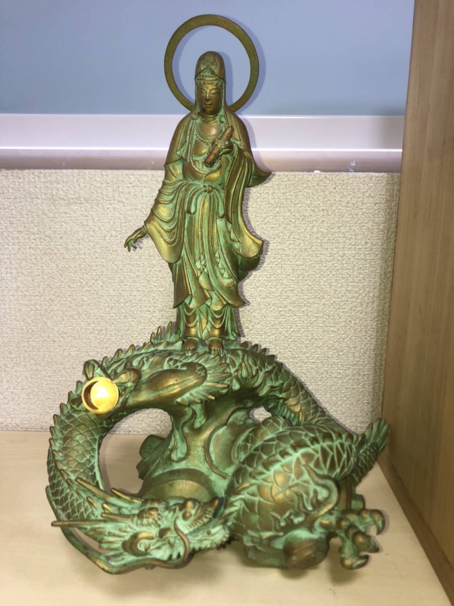 斎藤侊琳作 金彩ブロンズ 龍頭観音像（53/950） 共箱破損 / 仏像  